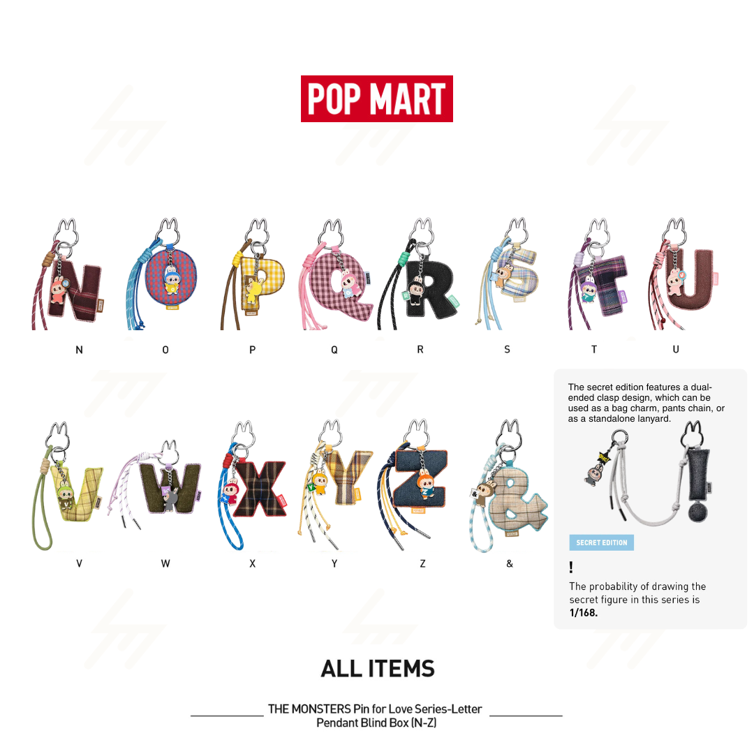 POP MART - Blind Box - LABUBU THE MONSTER PIN FOR LOVE SERIES Letter Pendant (N-Z)